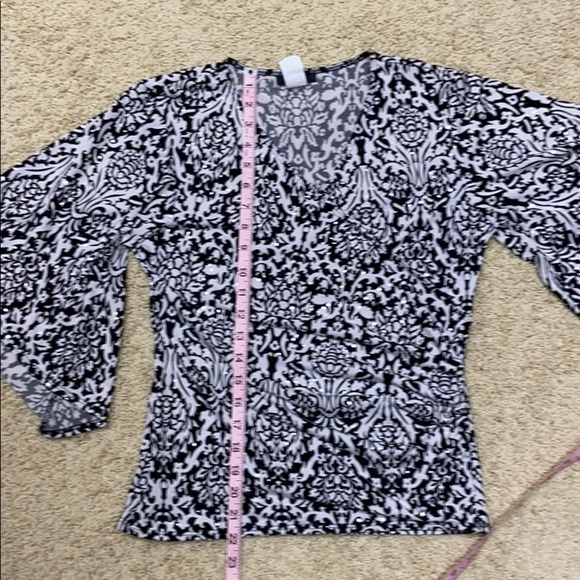 MSK Faux Wrap Top Black& White Paisley Sparkling Sequin Flattering Bell Sleeve - Picture 13 of 15